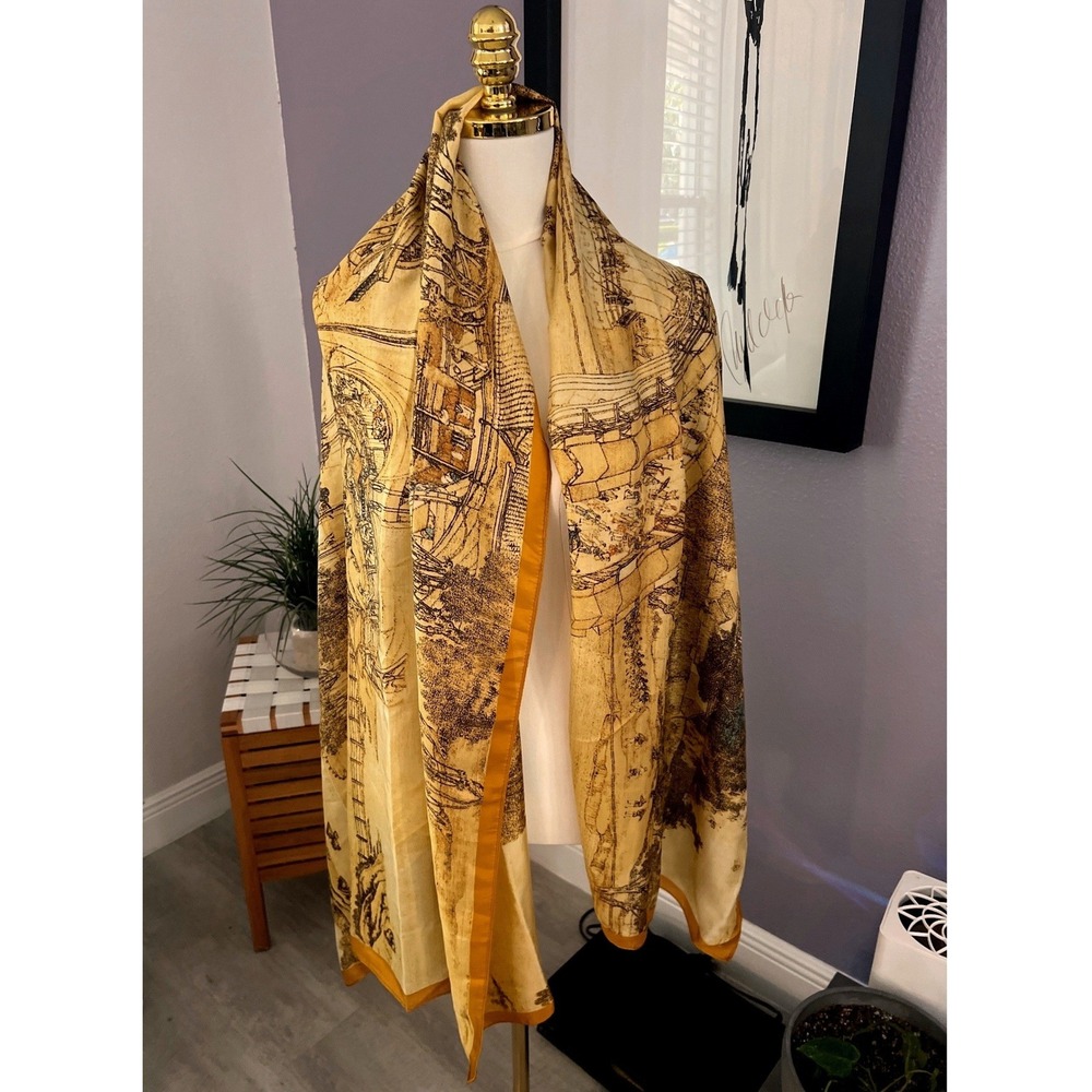 Sny Silk Feel Asian Village Scenic Print Long Scarf Gold Brown Wrap Shawl